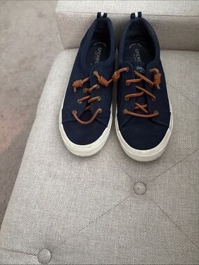 Sperry Navy Canvas Boat Shoes with Brown Laces